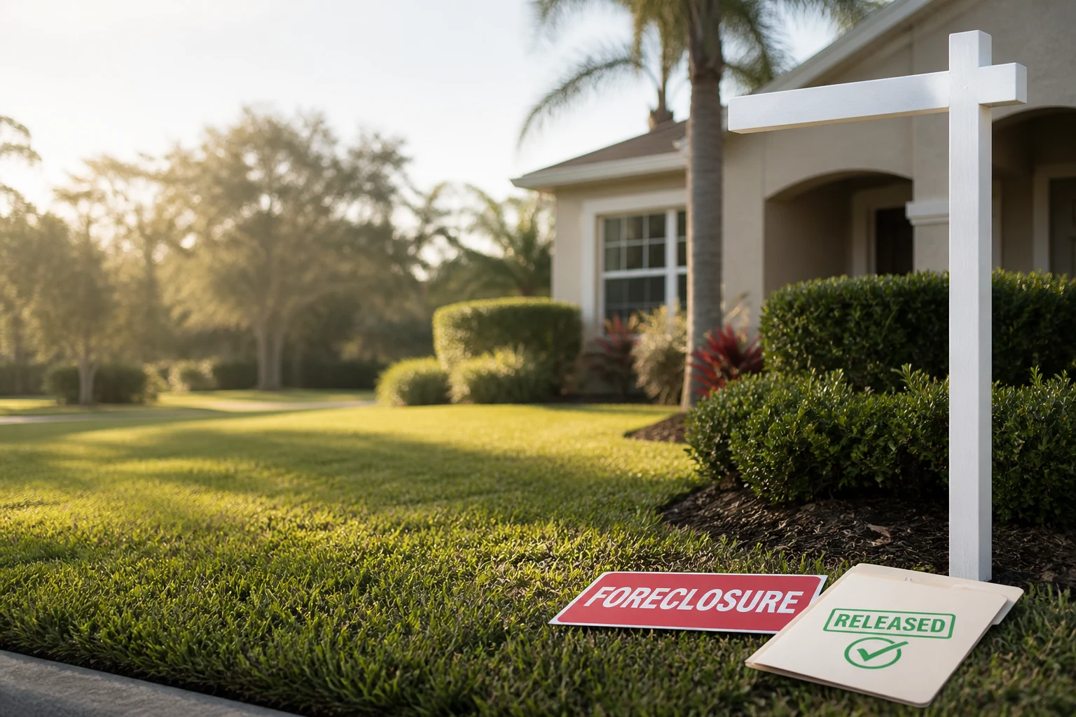A Surrey Ridge home with a foreclosure placard beside a released-lien document