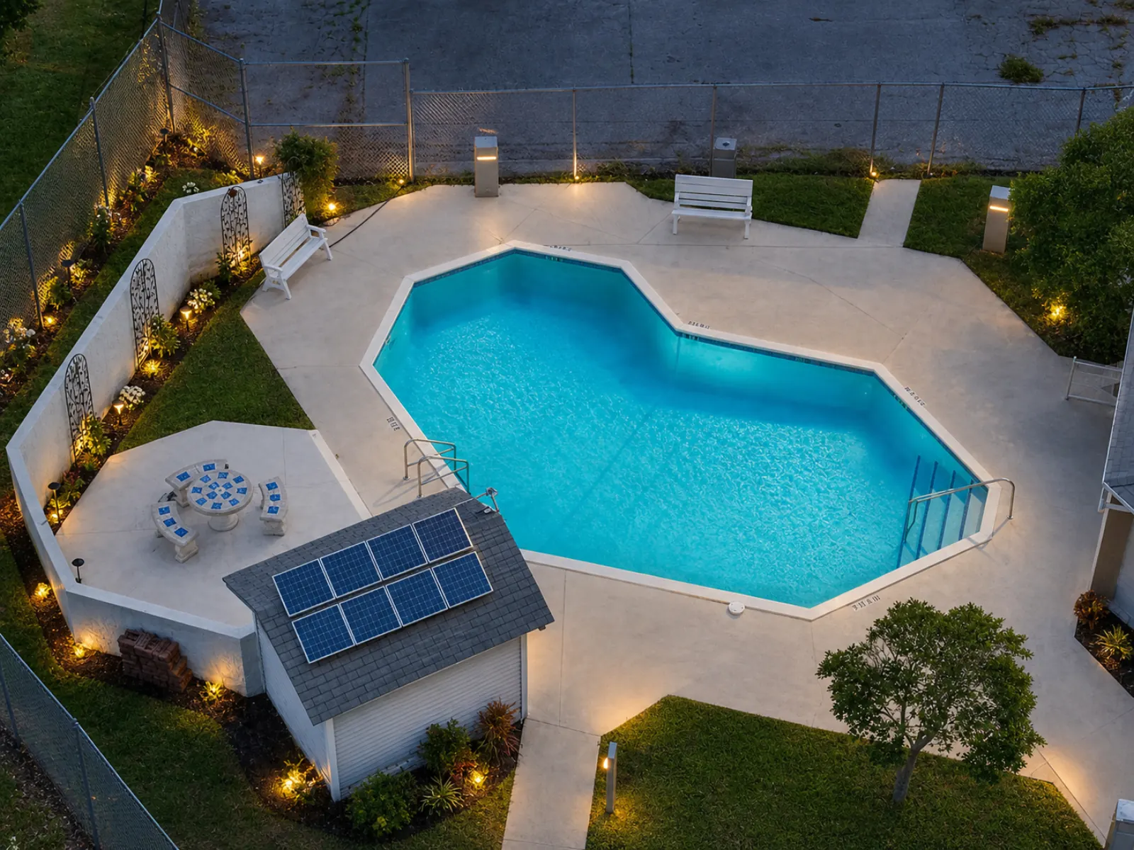 Aerial visualization of the Surrey Ridge pool complex with its trellises, planted wall, efficient lighting, solar power, and monitored common-area systems