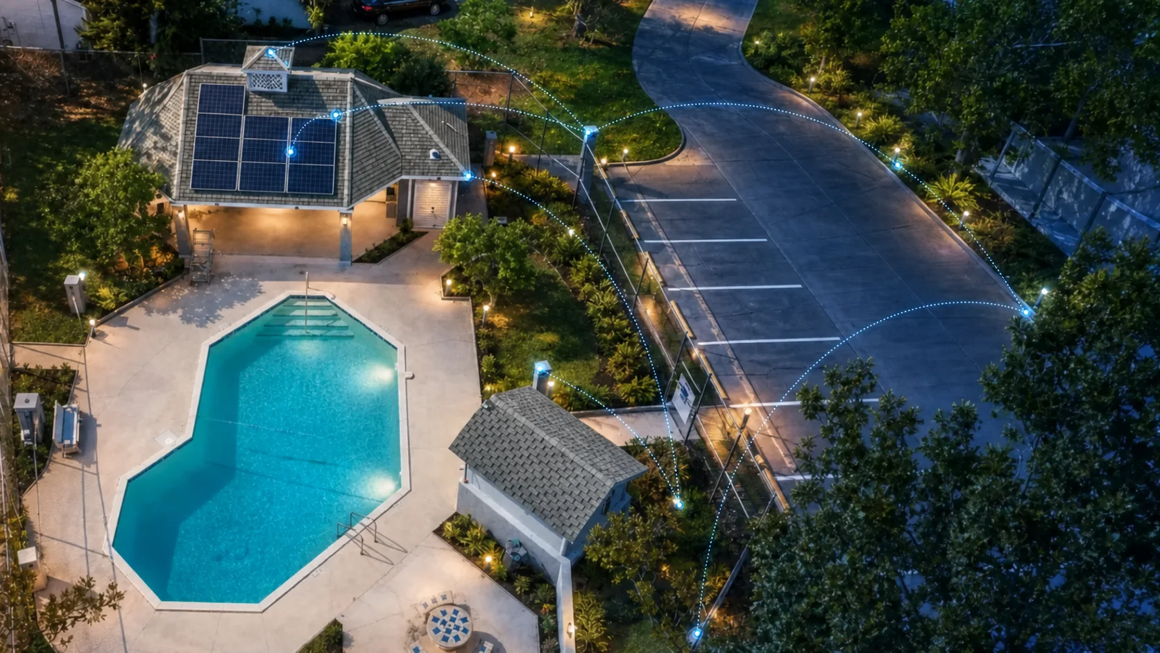 Aerial view of the Surrey Ridge pool complex with subtle blue lines illustrating connected community systems