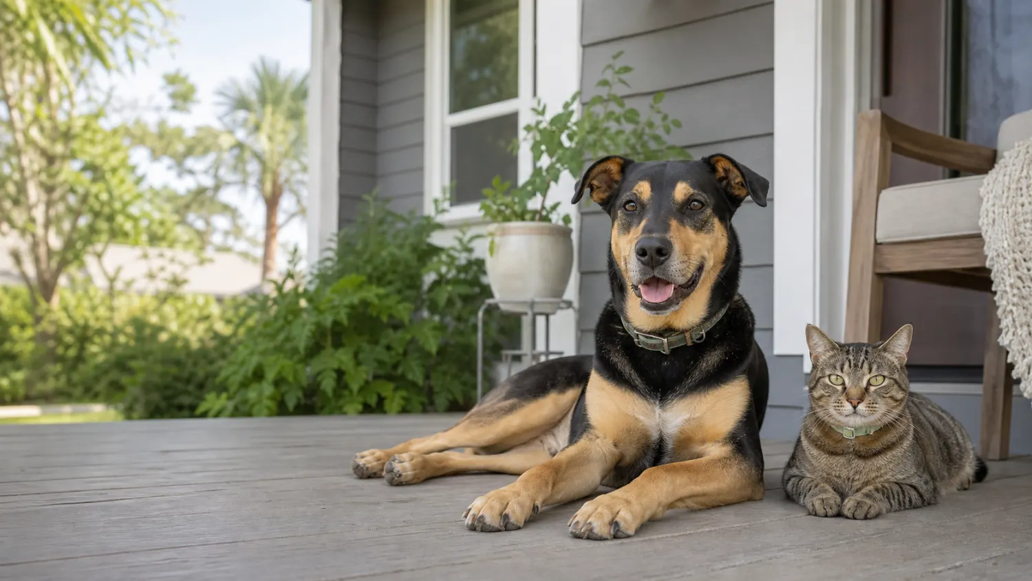 A dog and cat resting together on a shaded porch