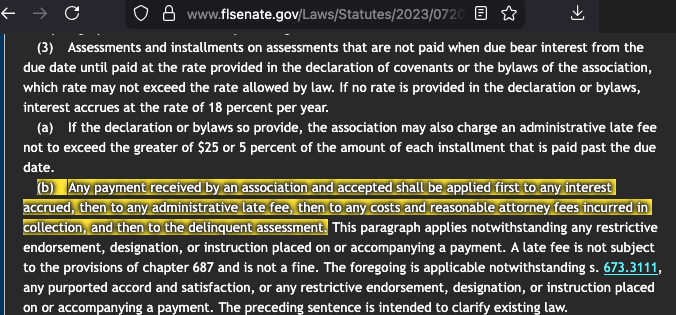 Florida Statute 720.3085(3)(b) - Payment Application Order