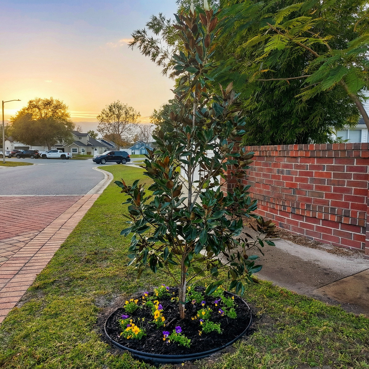 Magnolia tree with violas at community island